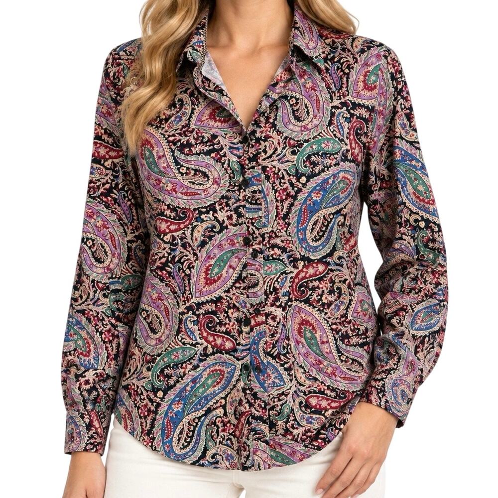 Chaps by Ralph Lauren Sz Large Black Multicolor Paisley Formal Blouse Shirt Top